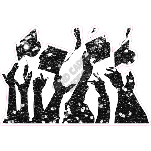 Graduation - Throwing Caps In Air - Silhouette - Chunky Glitter Black - Style A - Yard Card