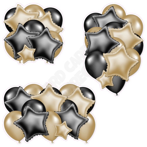 Balloon And Foil Star Cluster - Old Gold & Black - Yard Card