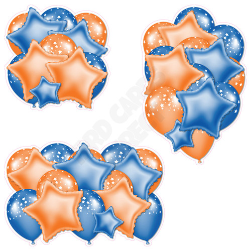 Balloon And Foil Star Cluster - Medium Blue & Orange With Stars - Yard Card