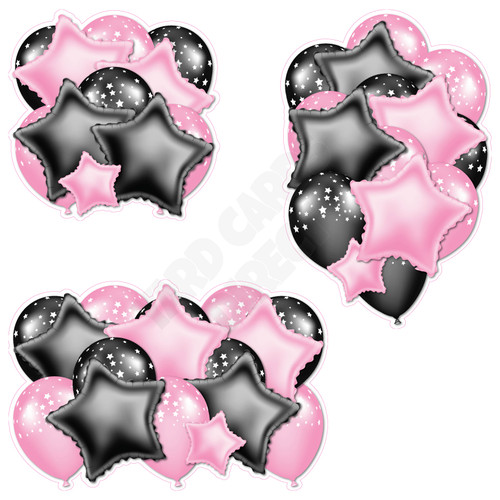 Balloon And Foil Star Cluster - Light Pink & Black With Stars - Yard Card