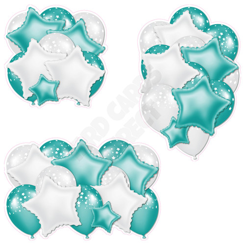 Balloon And Foil Star Cluster - Teal & White With Stars - Yard Card