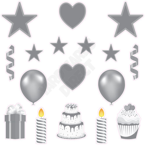 17pc HBD - Essentials Set - Style A - Solid Silver - Yard Cards