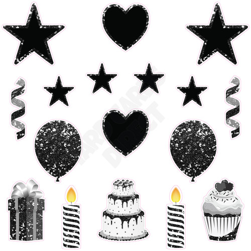 17pc HBD - Essentials Set - Style A - Chunky Glitter Black  - Yard Cards