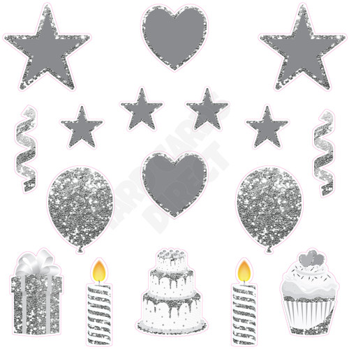 17pc HBD - Essentials Set - Style A - Chunky Glitter Silver - Yard Cards