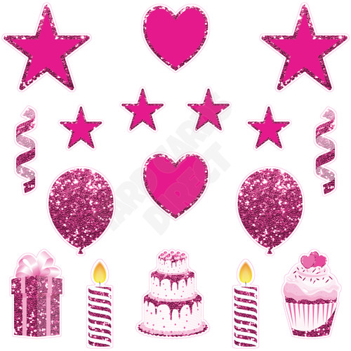 17pc HBD - Essentials Set - Style A - Chunky Glitter Hot Pink - Yard Cards