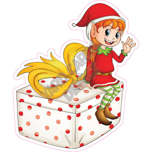 Elf - Girl, Light Skin, Sitting on Present - Style A - Yard Card