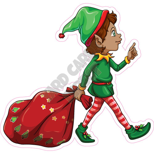 Elf - Boy, Dark Skin, Red Bag - Style A - Yard Card