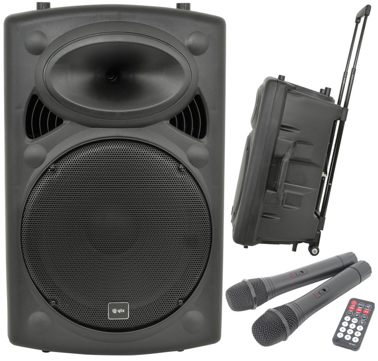 QTX QR15PABT 15" 100W Battery Powered Portable PA Bluetooth Speaker & Two Wireless Microphones