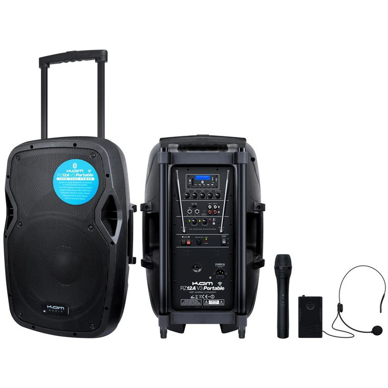 Kam RZ12AP V3 12" 800W Portable PA System Bluetooth Streaming, Wireless Handheld & Headset Mics