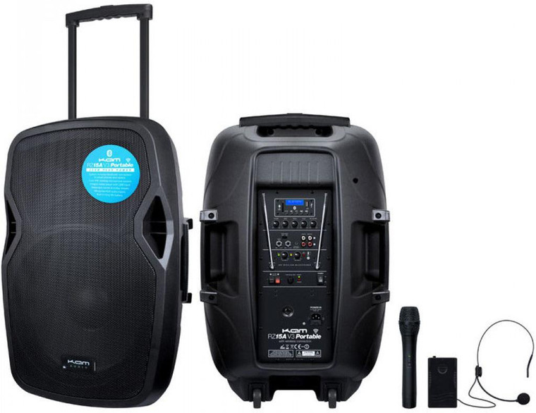 Kam RZ15AP V3 15" 1000W Portable PA System, Bluetooth Streaming, Wireless Handheld & Headset Mics for Box Fit