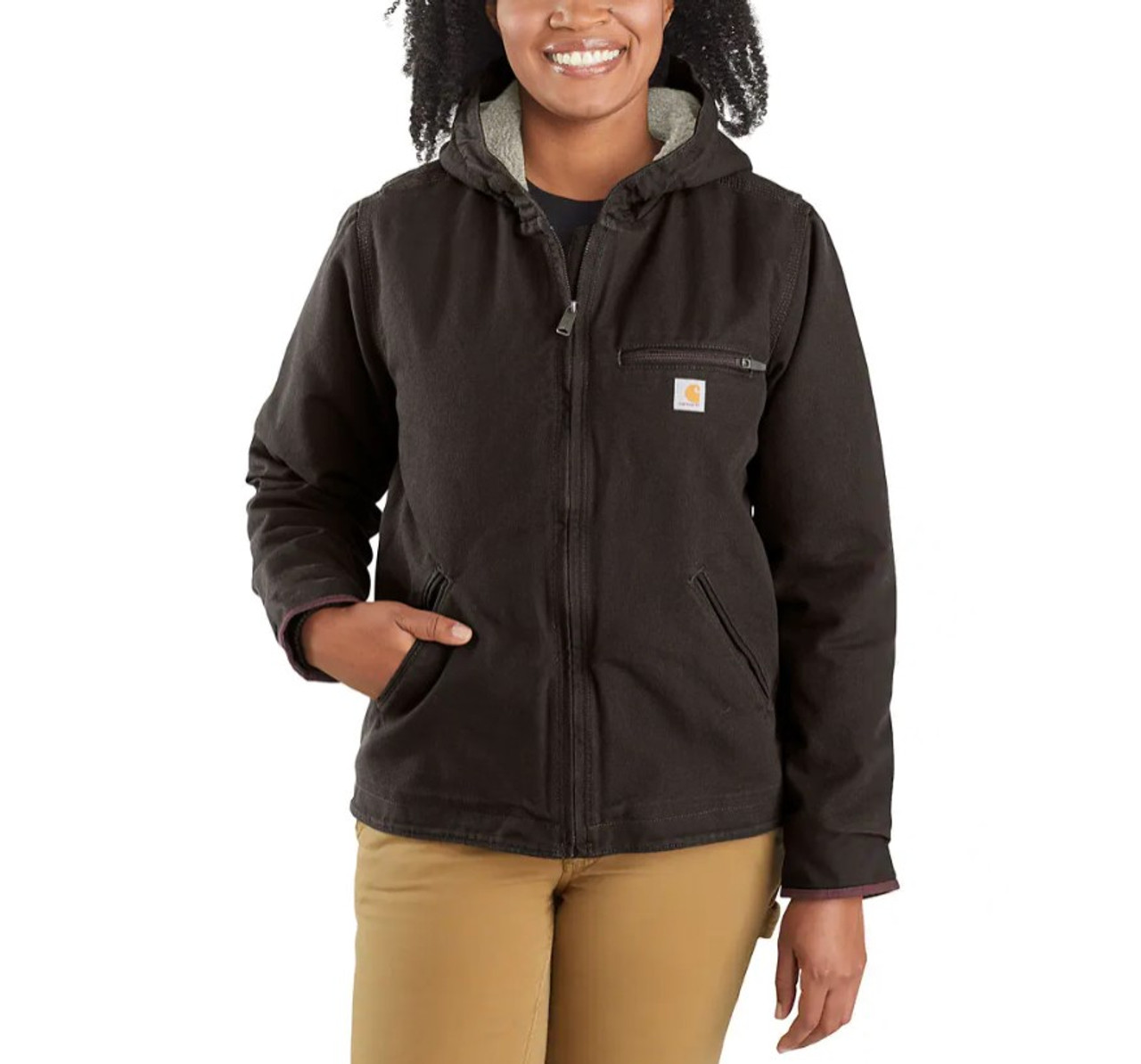 Women's Loose Fit Washed Duck Sherpa Lined Jacket - Dark Brown