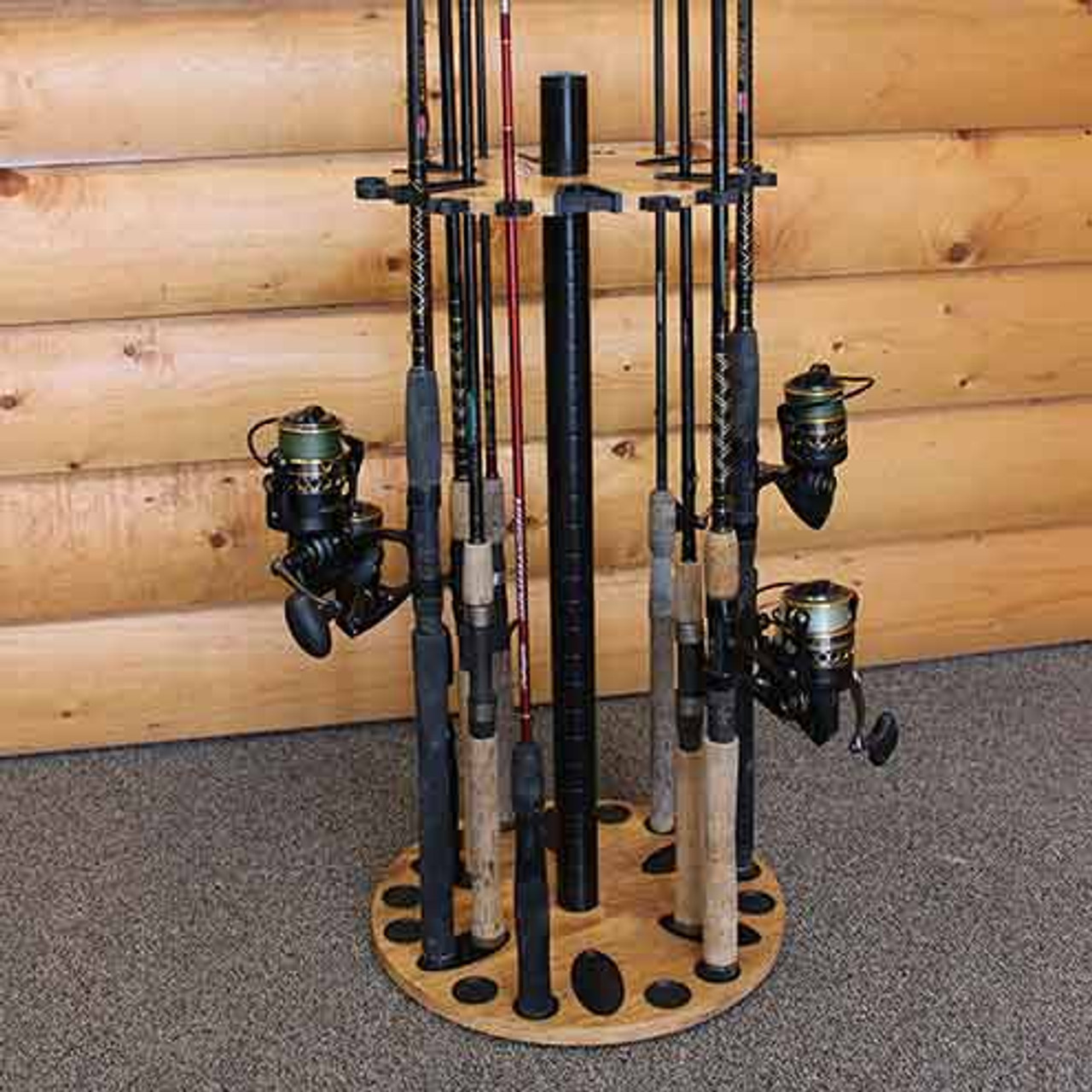 Wooden Fishing Rod Rack Pole Holder Organizer Round Reel Storage