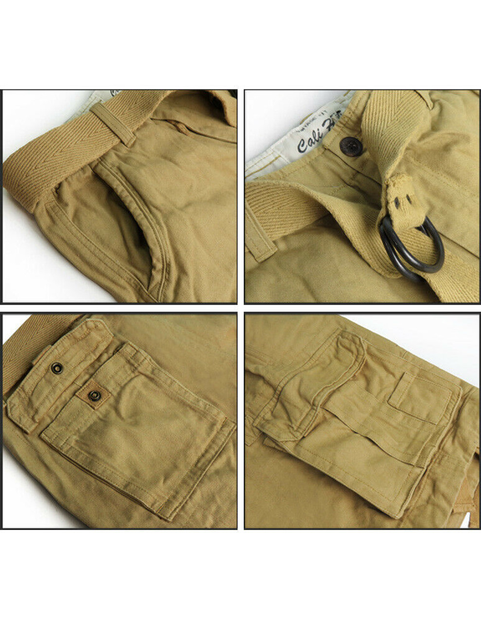 Mens CALI HOLI Belted Cargo Military Slim Fit Vintage Wash Shorts Camel ...