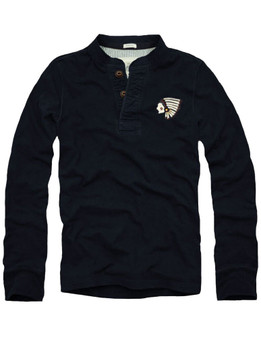 Mens CALI HOLI Muscle Fit Long Sleeve Henley Embroidered Tee Navy 98436