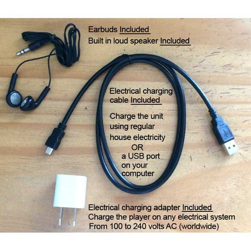 Accessories view, (everything is included). Ear buds, USB and electrical charging cable and electrical adapter (100 volt to 240 volt, so it works on any electrical systems worldwide), Santa Biblia - Reina Valera 2000 Biblia en audio player, EASY to use