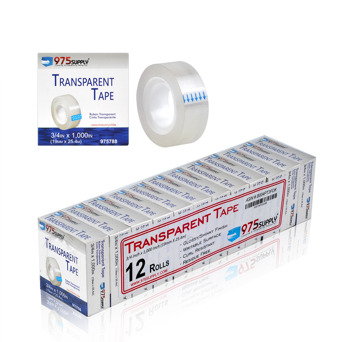 975 Brand Tape - Transparent - 3/4" x 1,000" - Glossy - 12 Rolls Per Pack