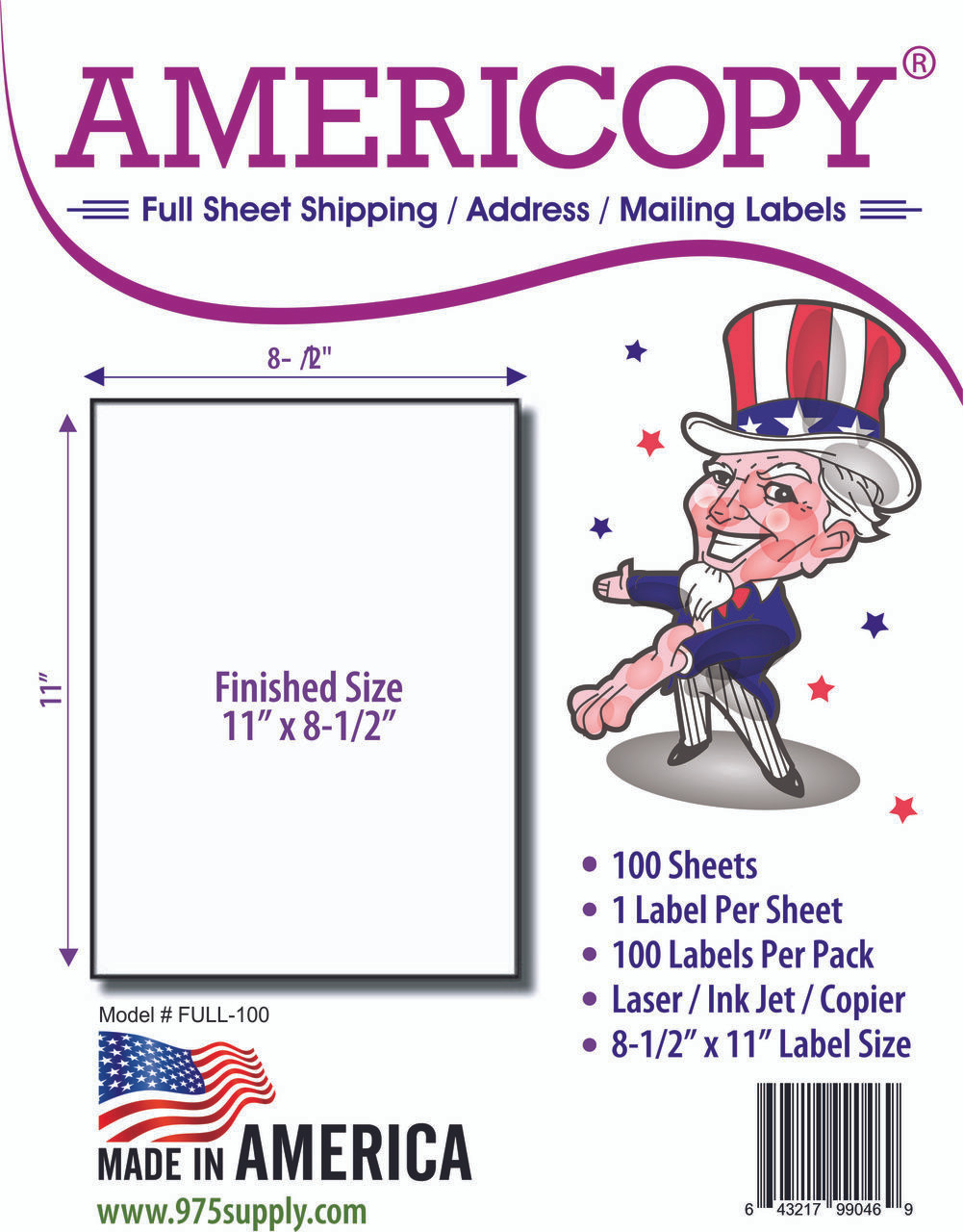 Americopy Labels - Full Sheet Labels - 8-1/2" x 11" - 1 Labels Per Sheet