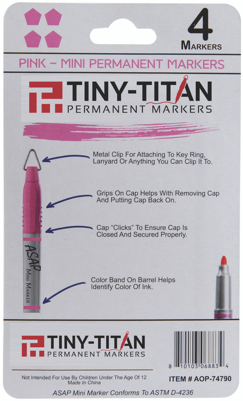 PINK - Mini Markers - Tiny-Titan - Permanent Pink Marker With Detachable Key Chain Clip - Fine Point - 4 Pen Pack
