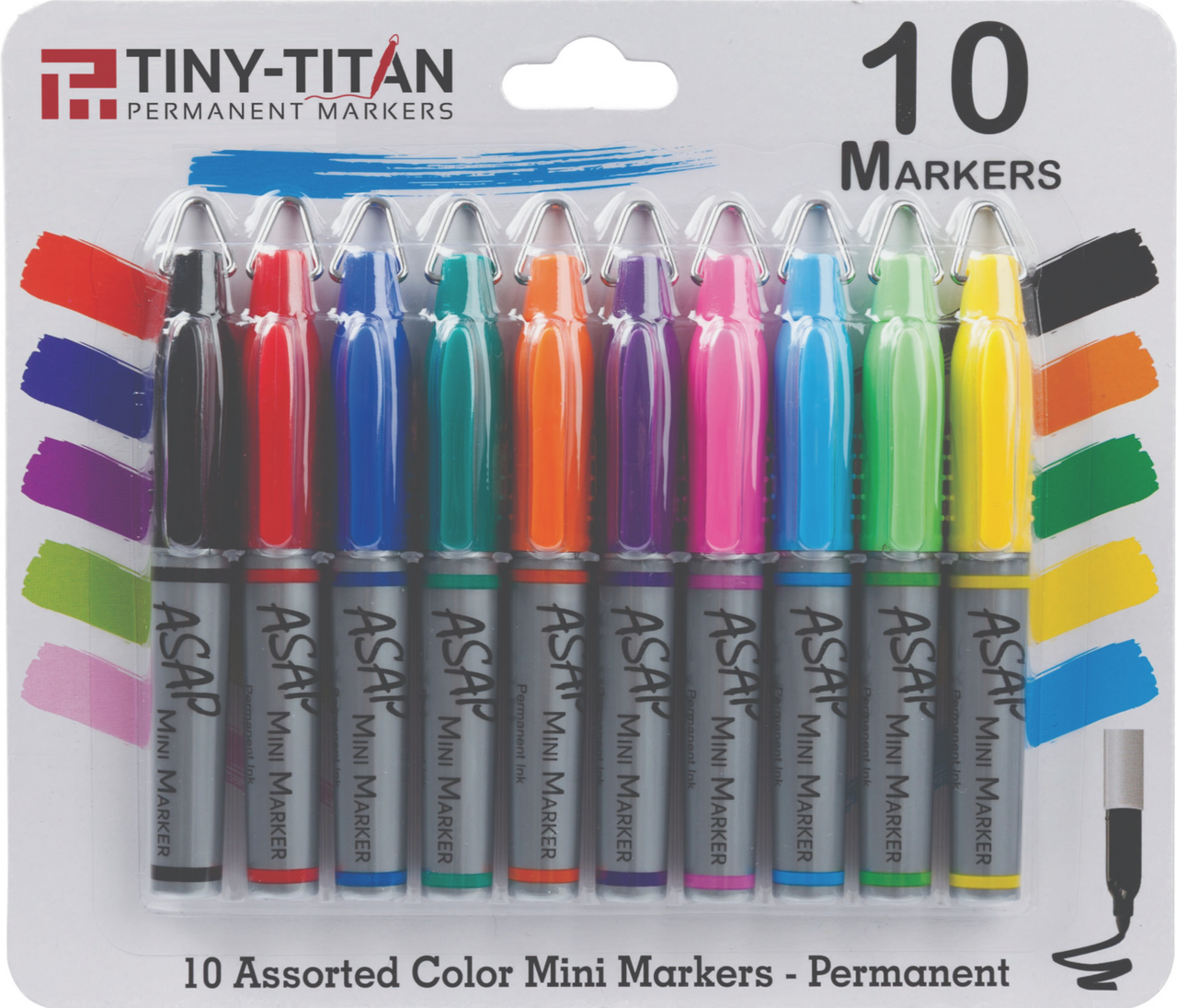ASSORTED 10 COLOR PACK - Tiny-Titan - Permanent Assorted Colors Marker With Detachable Key Chain Clip - Fine Point - 12 Pens Per Pack