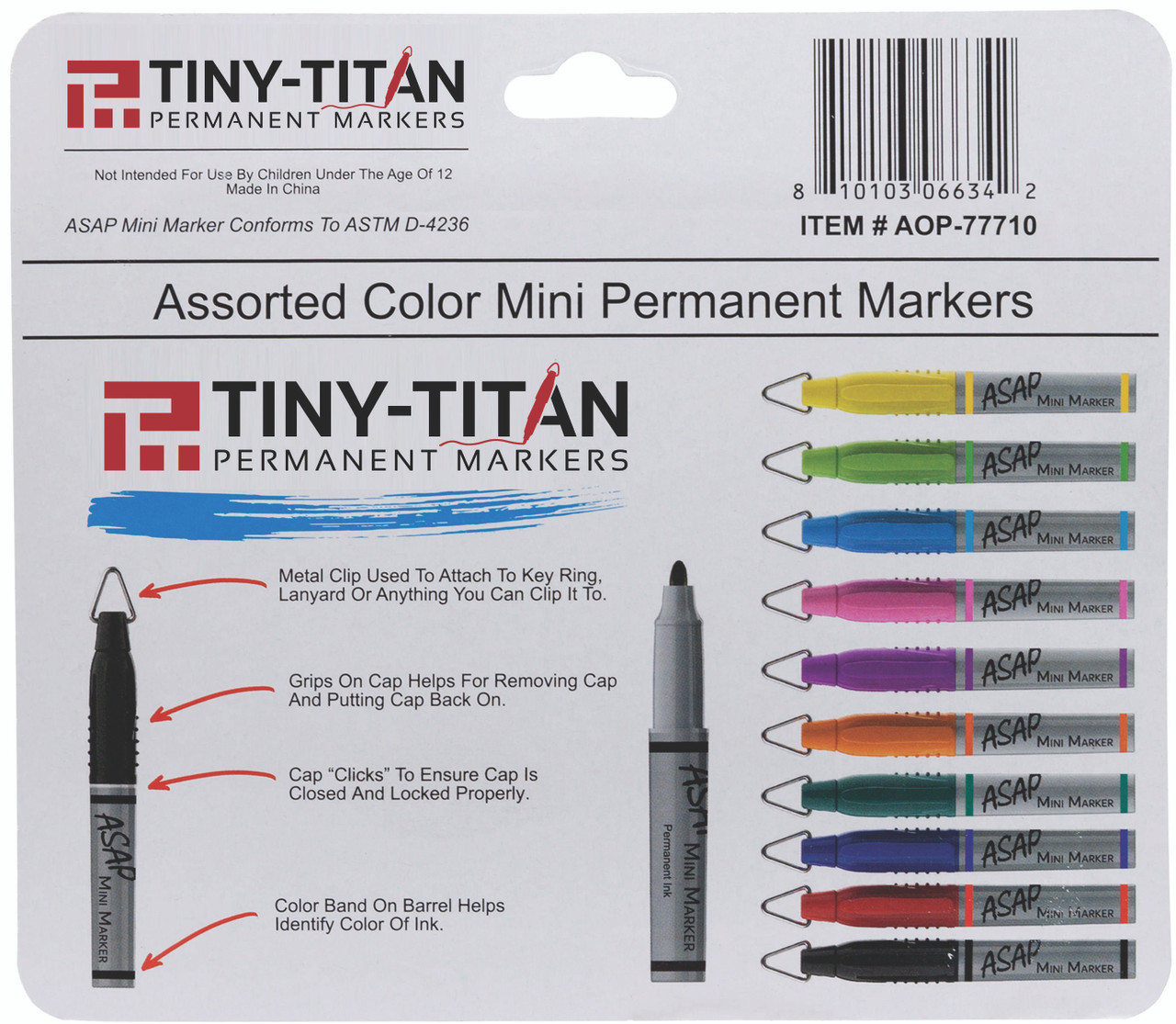 ASSORTED 10 COLOR PACK - Tiny-Titan - Permanent Assorted Colors Marker With Detachable Key Chain Clip - Fine Point - 12 Pens Per Pack