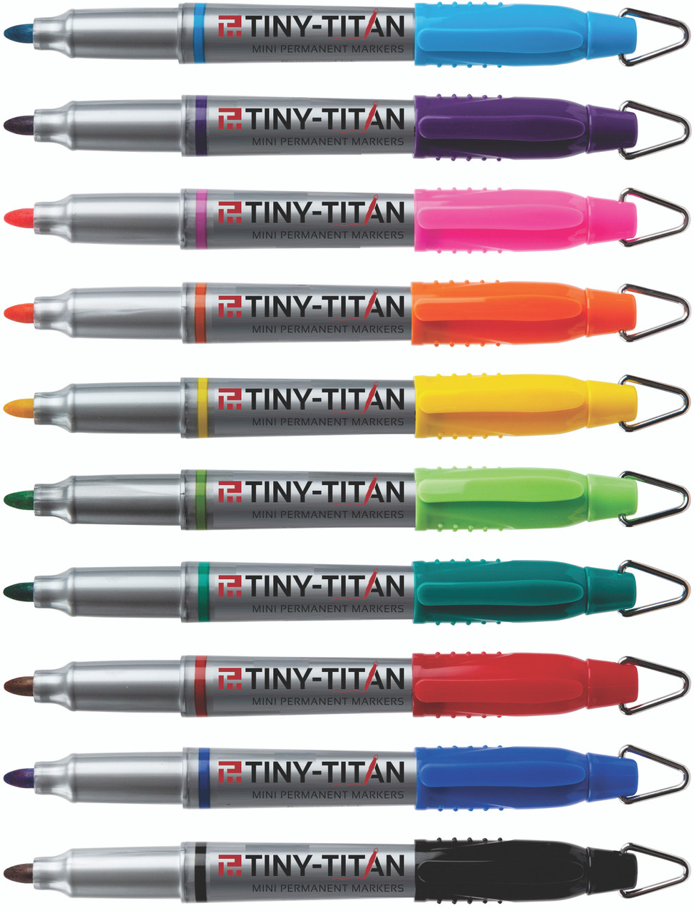 ASSORTED 10 COLOR PACK - Tiny-Titan - Permanent Assorted Colors Marker With Detachable Key Chain Clip - Fine Point - 12 Pens Per Pack