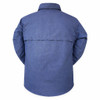 Blue long-sleeve shooting shirt, back view. Cotton fabric, vented back panel, button-down collar.