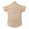 Khaki short-sleeve shooting shirt, back view. Cotton fabric, collared, with a mesh back panel.