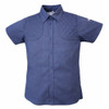 Front view of NICA short sleeve shooting shirt in blue with ambidextrous shooting pads and tailored fit
