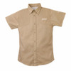Tan short-sleeved shirt with "JASON" embroidered on the chest and "NICA" on the sleeve.