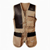 Tan shooting vest with black leather shoulder patches, mesh, and pockets; "JOHN" embroidered on the shoulder.
