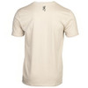 Back view of a tan Browning t-shirt with a black Buckmark logo on the upper back.