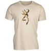 Tan short-sleeve t-shirt with a camouflage buckmark logo on the chest.