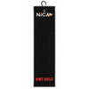 Personalized black microfiber shooting towel with custom embroidered name and carabiner clip for trap, skeet, and sporting clays shooters.