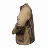 Side view of a Wildfowler soft shell jacket in nature brown camouflage and tan.