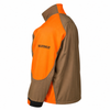 Brown and orange Wildfowler soft shell jacket, side view, with logo on sleeve.