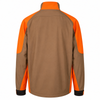 Back view of a brown and orange soft shell hunting jacket with velcro cuffs.