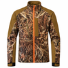 Brown and green camouflage soft shell jacket with orange zipper