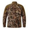 Back view of a camouflage soft shell jacket with brown accents.