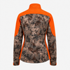 Back view of a women's orange and digital upland camouflage soft shell jacket.