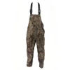 Wildfowler waterproof bibs in Mossy Oak Duck Blind camo with black adjustable shoulder straps, shown front-on against a white