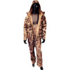Wildfowler waterproof bibs and matching hooded jacket in Wildgrass camo pattern on a mannequin.