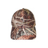 Wildfowler camouflage baseball cap in Wildgrass pattern with stitched logo on the front crown, viewed from the front.