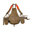 Tan upland strap vest with blaze orange shoulder panels, padded back mesh panels, waist belt, and hanging storage pouches.