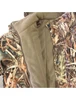 Close-up of Wildfowler parka in wildgrass camo, showing tan polar fleece lining, zipper, and snap-button storm flap.
