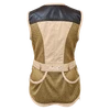 Khaki shooting vest, brown leather shoulder, mesh back, Nica brand, adjustable waist.
