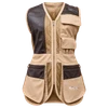 Khaki shooting vest with brown leather accents, mesh lining, and multiple pockets. "Nica" logo visible.