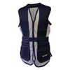 Navy blue shooting vest with white mesh panels, full zipper, and deep shell pockets.