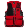 Front view of a red mesh shooting vest with a black shooting pad on the right shoulder and multiple pockets.