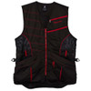 Black shooting vest with red accents, nylon and mesh, Browning logo, front zipper, pockets.