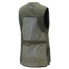Back view of a green moss Beretta shooting vest featuring a breathable mesh back and a logo on the upper yoke.